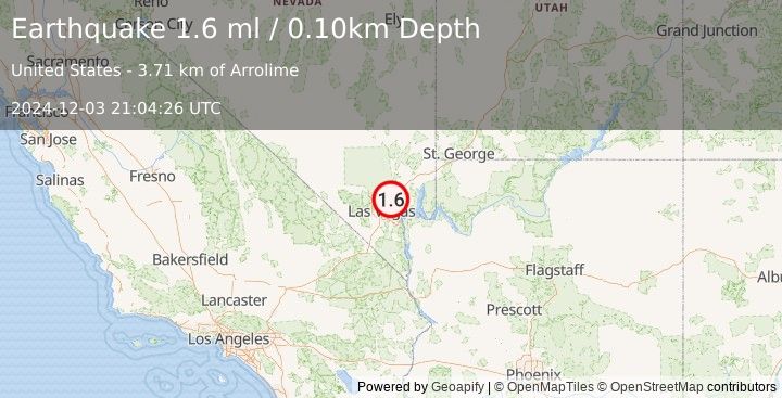 Earthquake 15 km NE of Nellis Air Force Base, Nevada (1.6 ml) (2024-12-03 21:04:26 UTC)