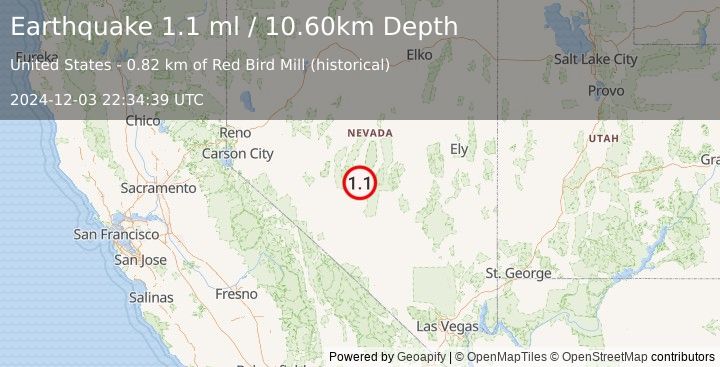 Earthquake 62 km S of Kingston, Nevada (1.1 ml) (2024-12-03 22:34:39 UTC)