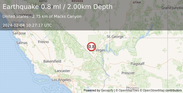 Earthquake 16 km N of Mount Charleston, Nevada (0.8 ml) (2024-12-04 10:27:17 UTC)