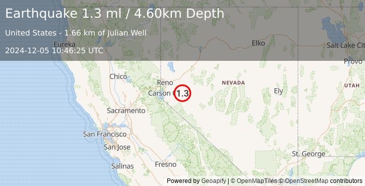 Earthquake 22 km NNE of Yerington, Nevada (1.3 ml) (2024-12-05 10:46:25 UTC)