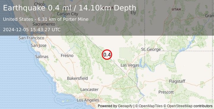 Earthquake 14 km SSW of Beatty, Nevada (0.4 ml) (2024-12-05 15:43:27 UTC)