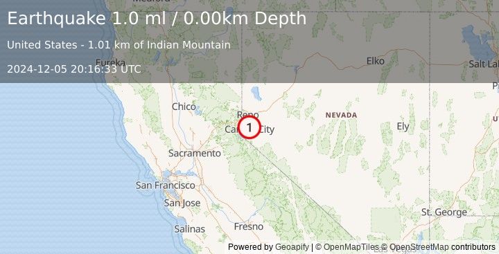 Earthquake 6 km N of Carson City, Nevada (1.0 ml) (2024-12-05 20:16:33 UTC)