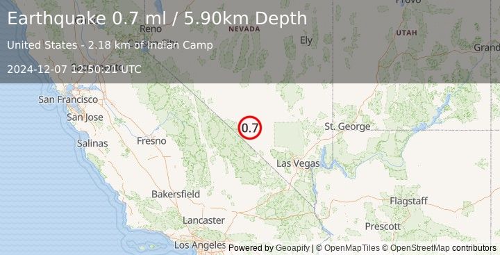 Earthquake 19 km NNE of Beatty, Nevada (0.7 ml) (2024-12-07 12:50:21 UTC)