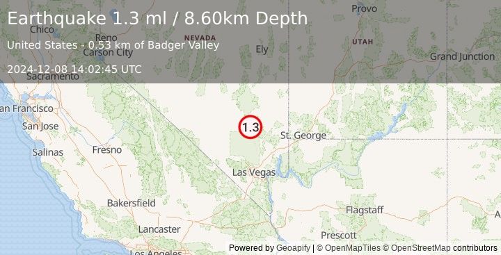 Earthquake 11 km SW of Alamo, Nevada (1.3 ml) (2024-12-08 14:02:45 UTC)