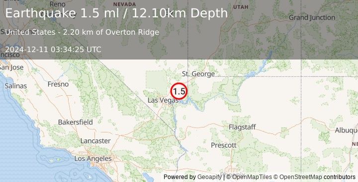 Earthquake 10 km SSE of Moapa Valley, Nevada (1.5 ml) (2024-12-11 03:34:25 UTC)