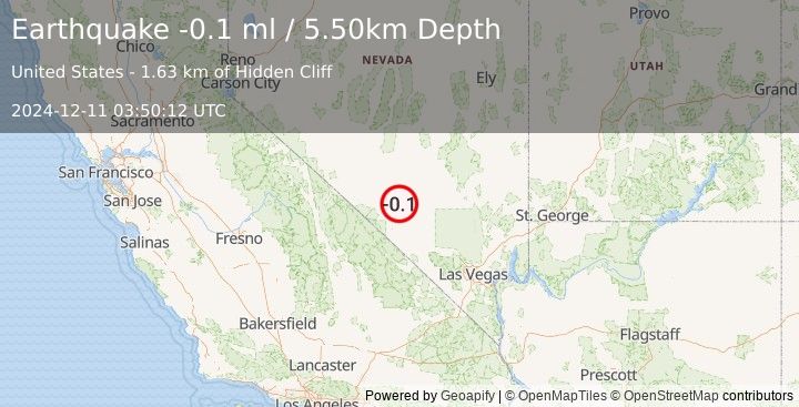 Earthquake 43 km NNE of Beatty, Nevada (-0.1 ml) (2024-12-11 03:50:12 UTC)