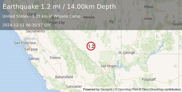 Earthquake 52 km ESE of Goldfield, Nevada (1.2 ml) (2024-12-11 06:30:57 UTC)