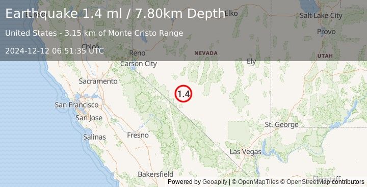 Earthquake 36 km SE of Mina, Nevada (1.4 ml) (2024-12-12 06:51:35 UTC)