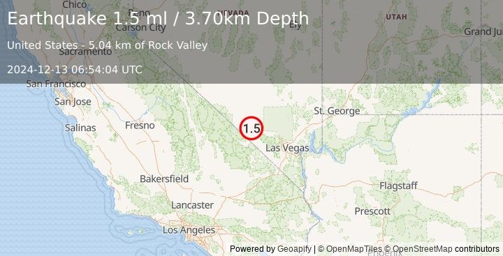 Earthquake 51 km ESE of Beatty, Nevada (1.5 ml) (2024-12-13 06:54:04 UTC)