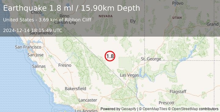 Earthquake 43 km NNE of Beatty, Nevada (1.8 ml) (2024-12-14 18:15:49 UTC)