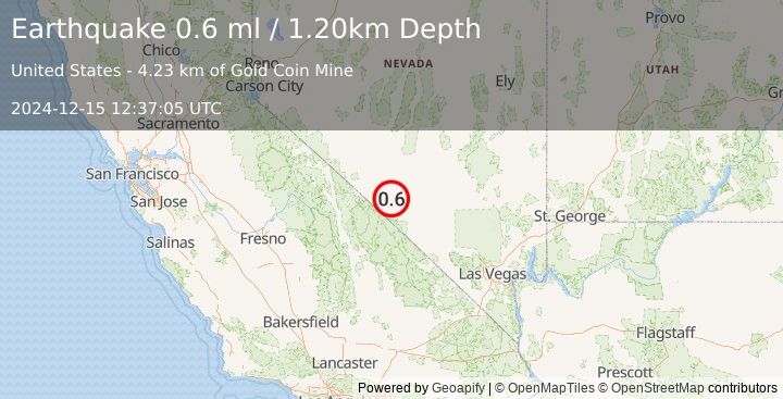 Earthquake 38 km S of Goldfield, Nevada (0.6 ml) (2024-12-15 12:37:05 UTC)