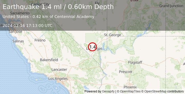 Earthquake 16 km NNE of Summerlin South, Nevada (1.4 ml) (2024-12-16 17:13:00 UTC)