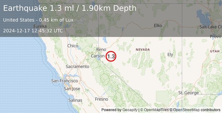 Earthquake 16 km NNE of Yerington, Nevada (1.3 ml) (2024-12-17 12:45:32 UTC)