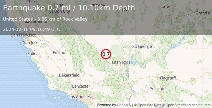 Earthquake 52 km SE of Beatty, Nevada (0.7 ml) (2024-12-18 09:16:49 UTC)