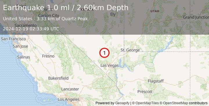 Earthquake 40 km NNE of Indian Springs, Nevada (1.0 ml) (2024-12-19 02:33:49 UTC)