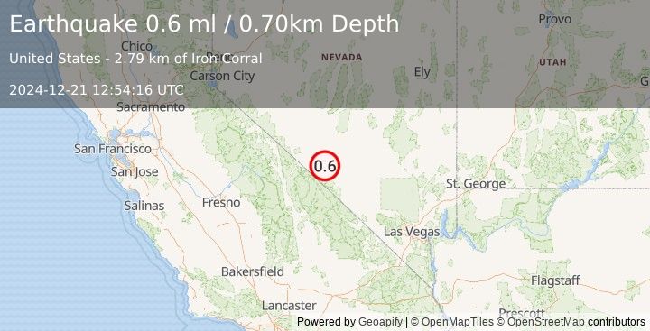 Earthquake 29 km S of Goldfield, Nevada (0.6 ml) (2024-12-21 12:54:16 UTC)