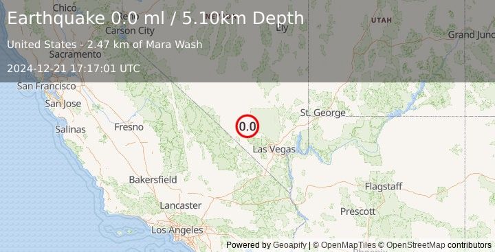 Earthquake 35 km NW of Indian Springs, Nevada (0.0 ml) (2024-12-21 17:17:01 UTC)