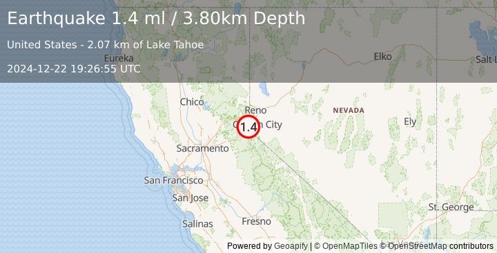 Earthquake 8 km WNW of Glenbrook, Nevada (1.4 ml) (2024-12-22 19:26:55 UTC)