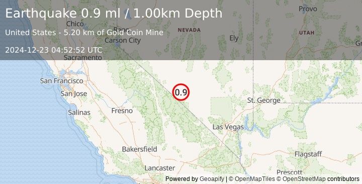 Earthquake 36 km S of Goldfield, Nevada (0.9 ml) (2024-12-23 04:52:52 UTC)