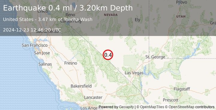 Earthquake 41 km NW of Beatty, Nevada (0.4 ml) (2024-12-23 12:46:20 UTC)