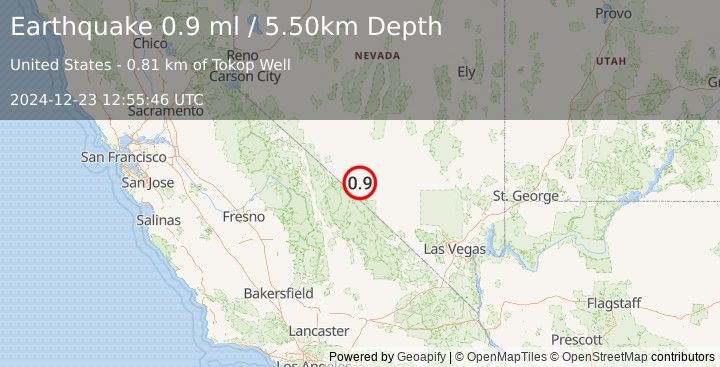 Earthquake 44 km S of Goldfield, Nevada (0.9 ml) (2024-12-23 12:55:46 UTC)