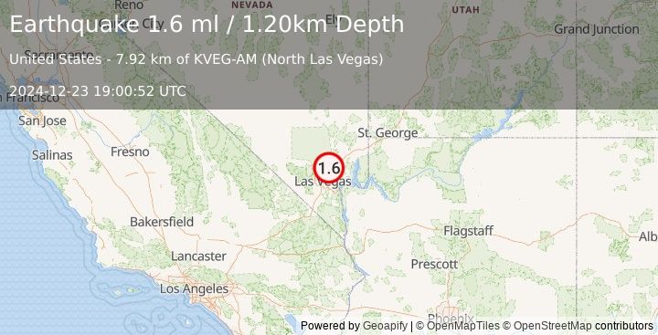 Earthquake 20 km NNE of Nellis Air Force Base, Nevada (1.6 ml) (2024-12-23 19:00:52 UTC)