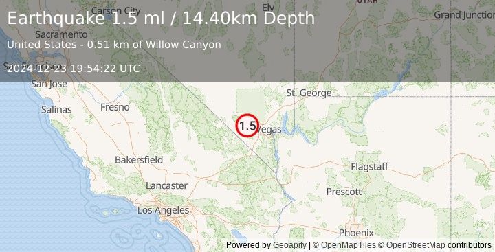 Earthquake 8 km E of Mount Charleston, Nevada (1.5 ml) (2024-12-23 19:54:22 UTC)