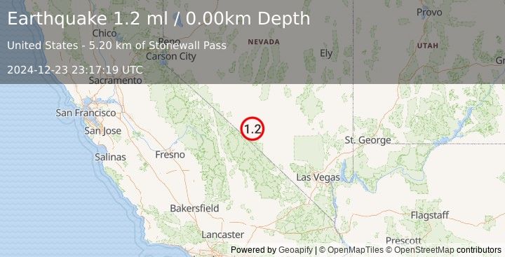 Earthquake 36 km S of Goldfield, Nevada (1.2 ml) (2024-12-23 23:17:19 UTC)