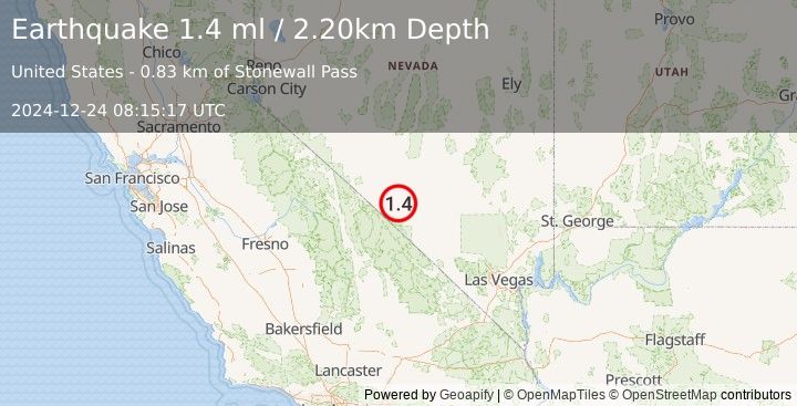 Earthquake 37 km SSE of Goldfield, Nevada (1.4 ml) (2024-12-24 08:15:17 UTC)