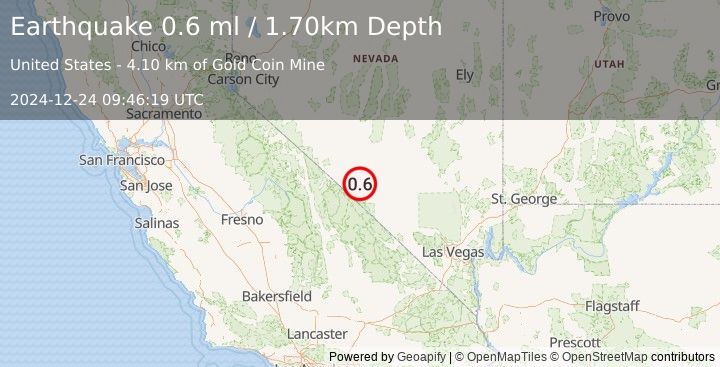 Earthquake 38 km S of Goldfield, Nevada (0.6 ml) (2024-12-24 09:46:19 UTC)