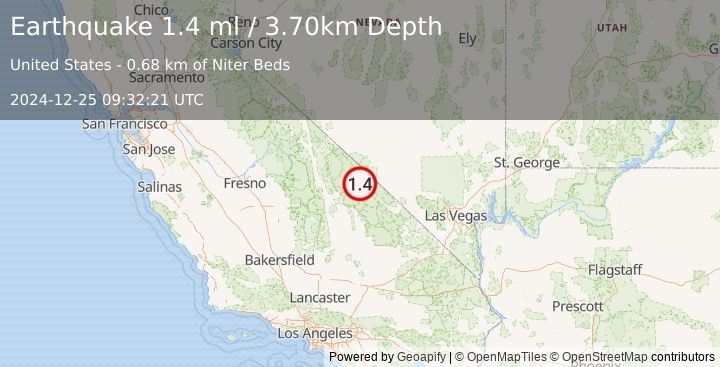 Earthquake 47 km NW of Furnace Creek, California (1.4 ml) (2024-12-25 09:32:21 UTC)