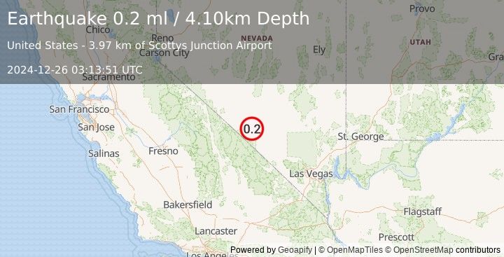 Earthquake 47 km NNW of Beatty, Nevada (0.2 ml) (2024-12-26 03:13:51 UTC)