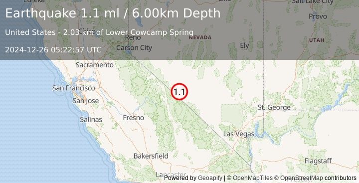 Earthquake 15 km SW of Silver Peak, Nevada (1.1 ml) (2024-12-26 05:22:57 UTC)