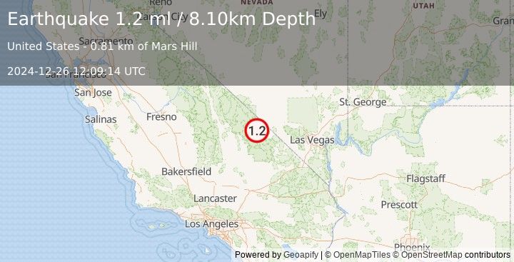 Earthquake 7 km S of Furnace Creek, California (1.2 ml) (2024-12-26 12:09:14 UTC)