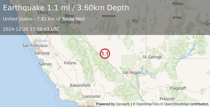 Earthquake 46 km S of Goldfield, Nevada (1.1 ml) (2024-12-26 17:59:43 UTC)