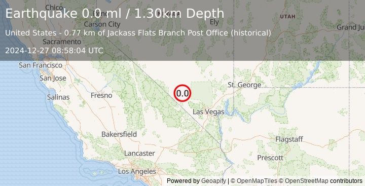 Earthquake 44 km ESE of Beatty, Nevada (0.0 ml) (2024-12-27 08:58:04 UTC)