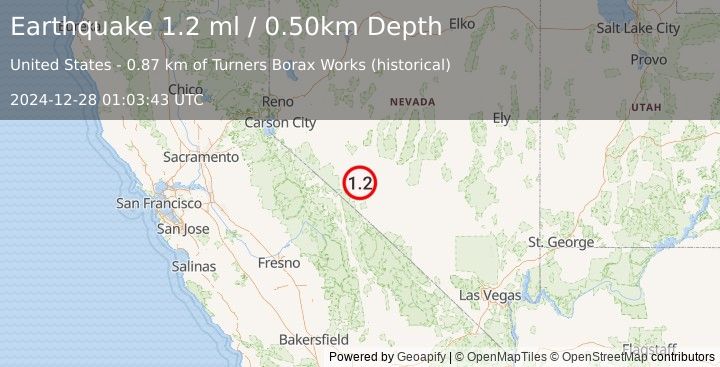 Earthquake 31 km SSE of Mina, Nevada (1.2 ml) (2024-12-28 01:03:43 UTC)