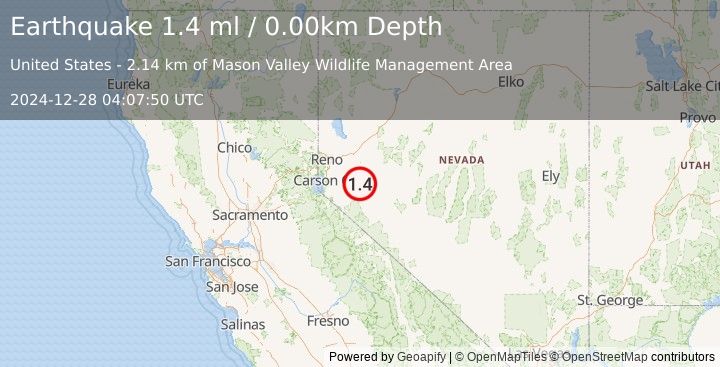 Earthquake 15 km NNE of Yerington, Nevada (1.4 ml) (2024-12-28 04:07:50 UTC)