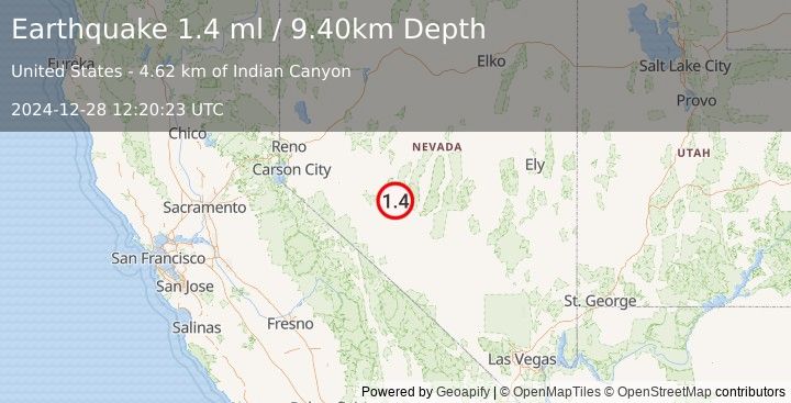 Earthquake 30 km SE of Gabbs, Nevada (1.4 ml) (2024-12-28 12:20:23 UTC)