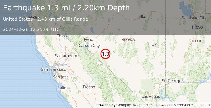 Earthquake 18 km NNE of Hawthorne, Nevada (1.3 ml) (2024-12-28 12:25:08 UTC)