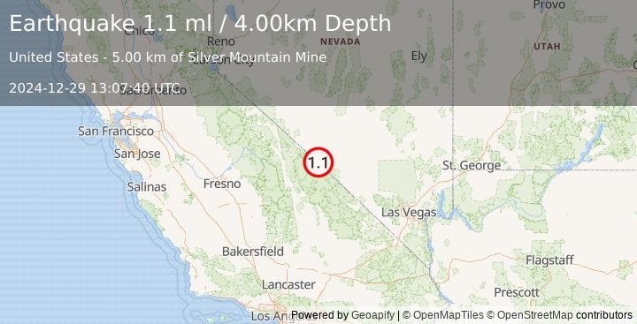 Earthquake 62 km SSW of Goldfield, Nevada (1.1 ml) (2024-12-29 13:07:40 UTC)