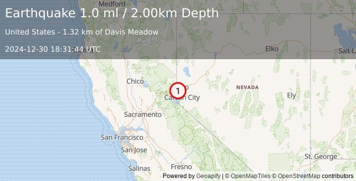 Earthquake 7 km E of Floriston, California (1.0 ml) (2024-12-30 18:31:44 UTC)