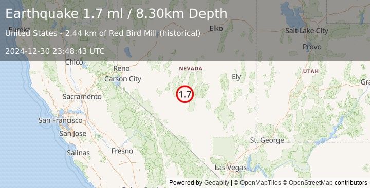 Earthquake 60 km S of Kingston, Nevada (1.7 ml) (2024-12-30 23:48:43 UTC)