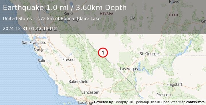 Earthquake 43 km NW of Beatty, Nevada (1.0 ml) (2024-12-31 01:42:18 UTC)