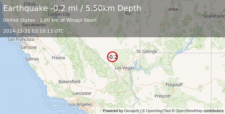 Earthquake 36 km NW of Indian Springs, Nevada (-0.2 ml) (2024-12-31 03:10:13 UTC)