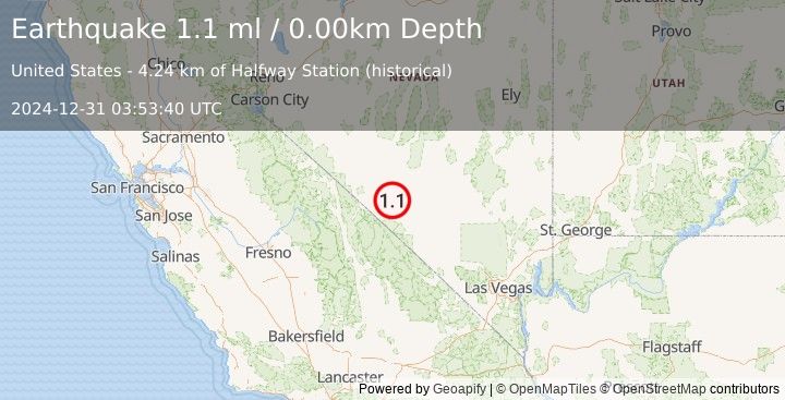 Earthquake 15 km SSW of Goldfield, Nevada (1.1 ml) (2024-12-31 03:53:40 UTC)