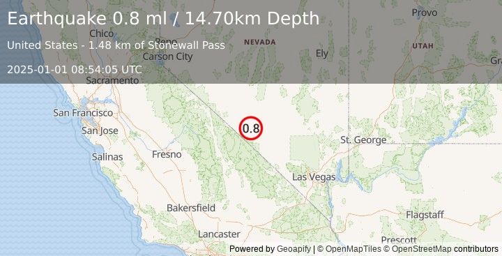 Earthquake 36 km SSE of Goldfield, Nevada (0.8 ml) (2025-01-01 08:54:05 UTC)