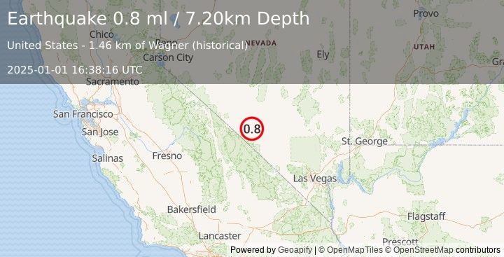 Earthquake 34 km SSE of Goldfield, Nevada (0.8 ml) (2025-01-01 16:38:16 UTC)