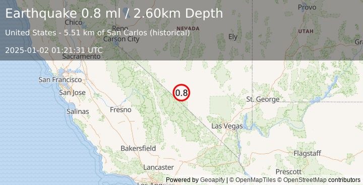 Earthquake 43 km SSE of Goldfield, Nevada (0.8 ml) (2025-01-02 01:21:31 UTC)