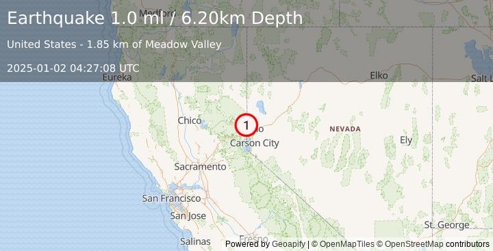 Earthquake 8 km N of Verdi, California (1.0 ml) (2025-01-02 04:27:08 UTC)